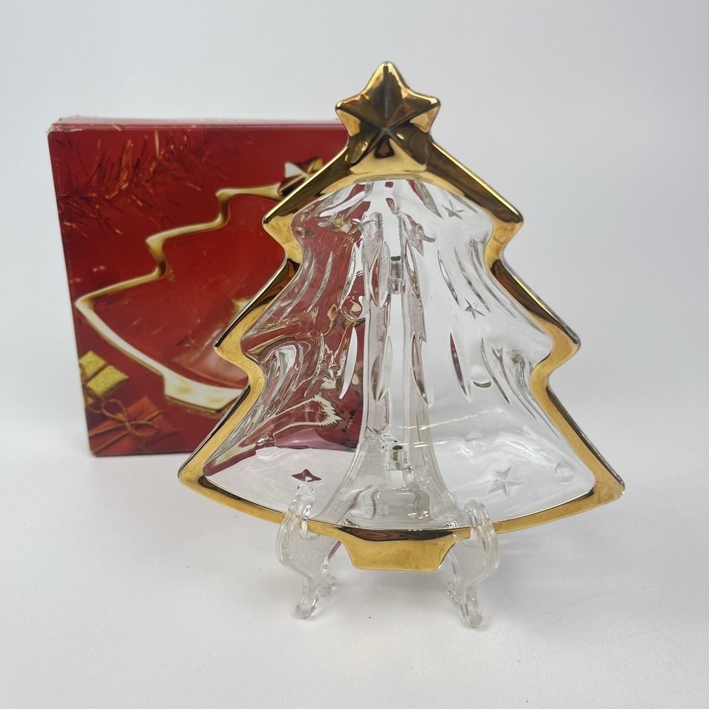Vintage Studio Nova Clear Glass Christmas Tree Dish Gold Trim In Original Box